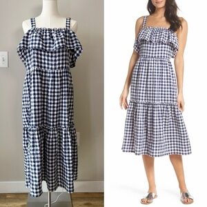 First Monday Navy Tiered Gingham Midi Dress